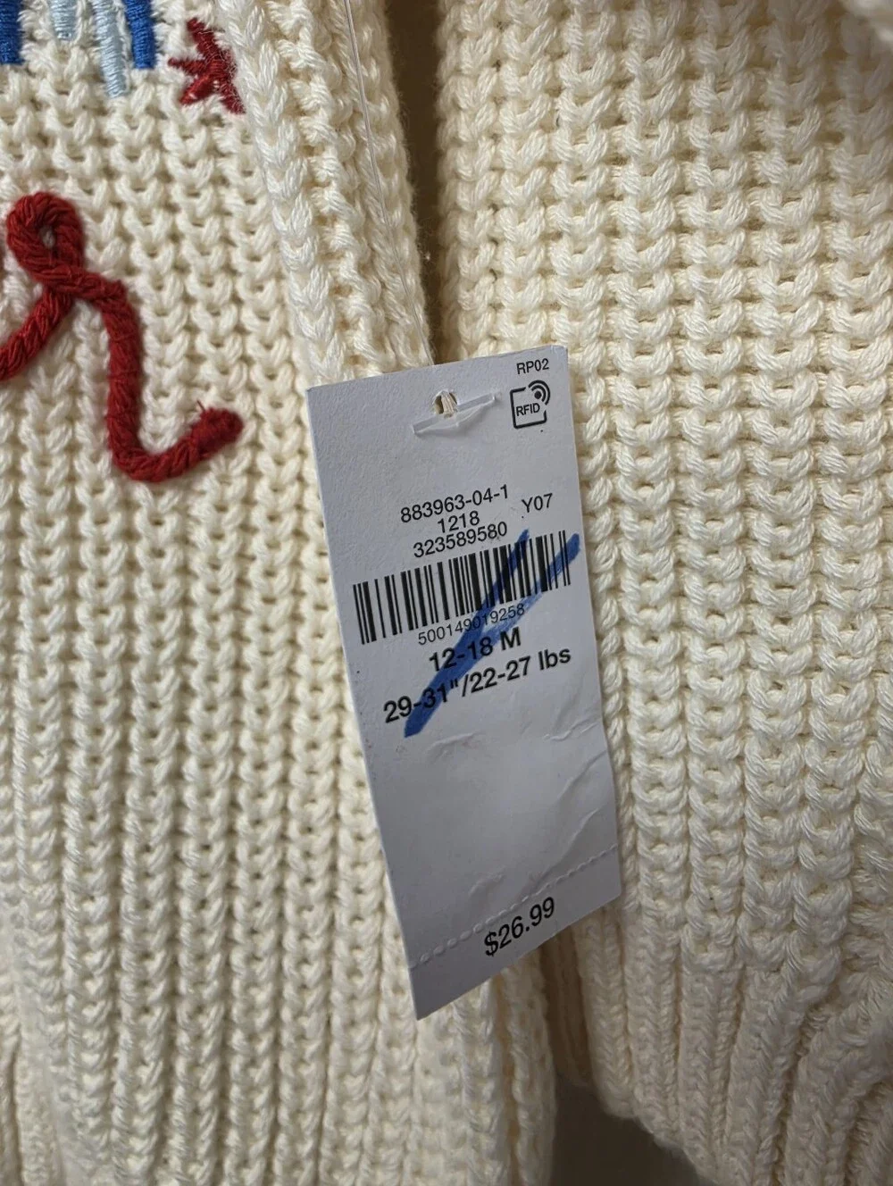 Old Navy Little Firecracker Loose Unisex Knit Baby Sweater Cream 12 - 18 Months